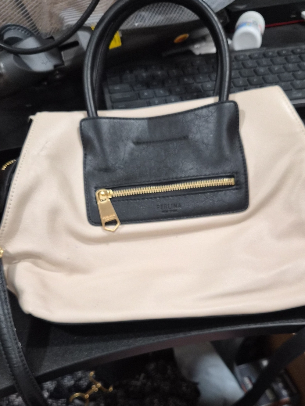 Perlina Black and Cream Two-Tone Satchel with Gold Hardware